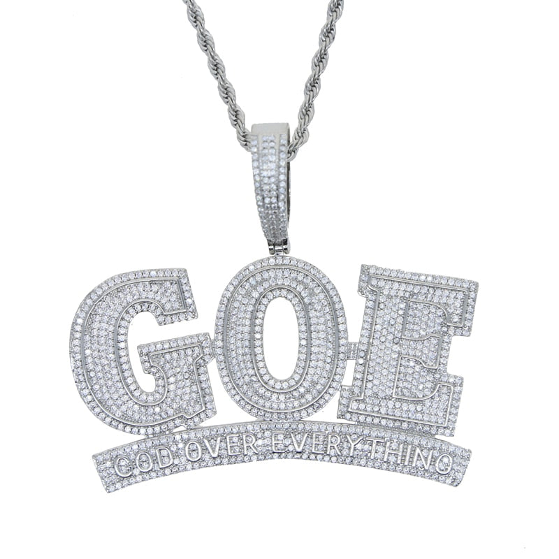 Bling CZ Letter God Over Everything Pendant Necklace Cubic Zirconia Big Letters GOE Charm Men Women Hip Hop Jewelry
