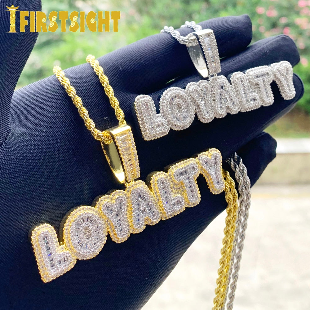Bling Baguette CZ Letters Loyalty Pendant Necklace 5A Zircon Letter Charm Necklaces Men&#39;s Women Hip Hop Jewelry