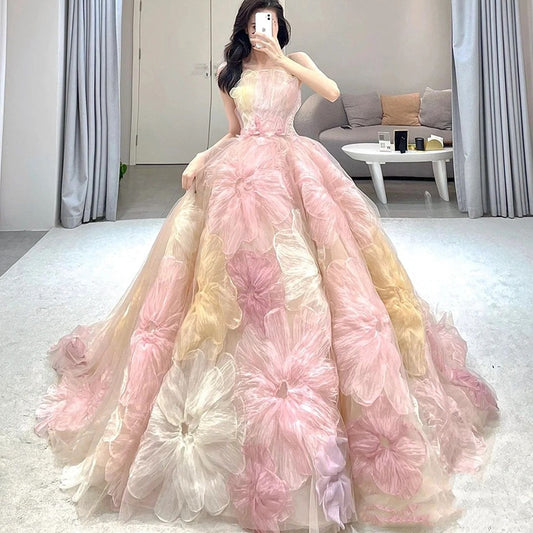 Stamped Wedding Dress Strapless Colorful Flower Bridal Dress