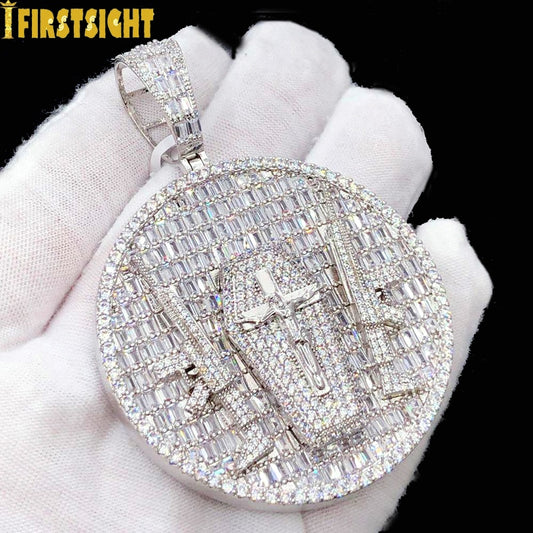 2022 New Hip Hop Gun Jesus Pendant Necklace Iced Out Bling Gold Plated Baguette CZ Cross Round Charm Necklaces Men Jewelry