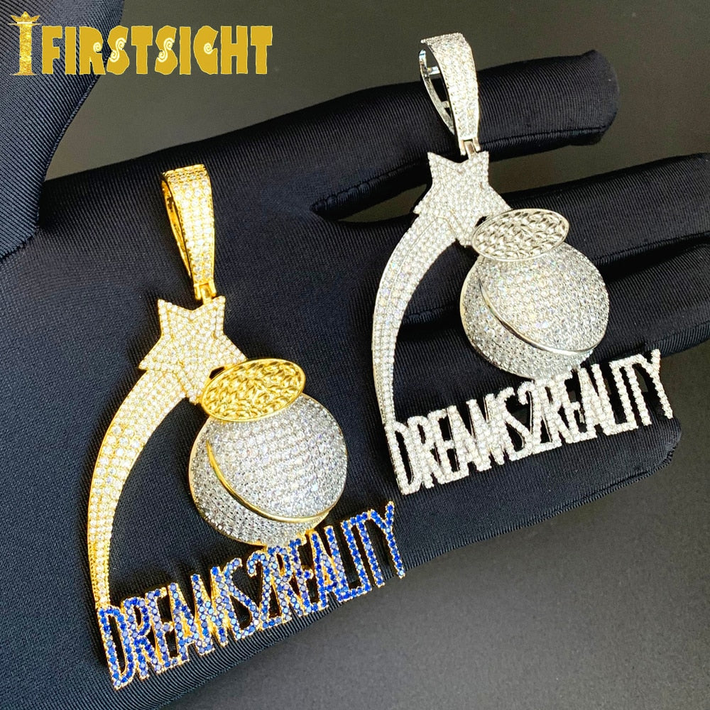 Bling Letters DREAMS TO REALITY Pendant Necklace Gold Plated Zircon CZ Money Bag Star Charm Men&#39;s Women Hip Hop Jewelry
