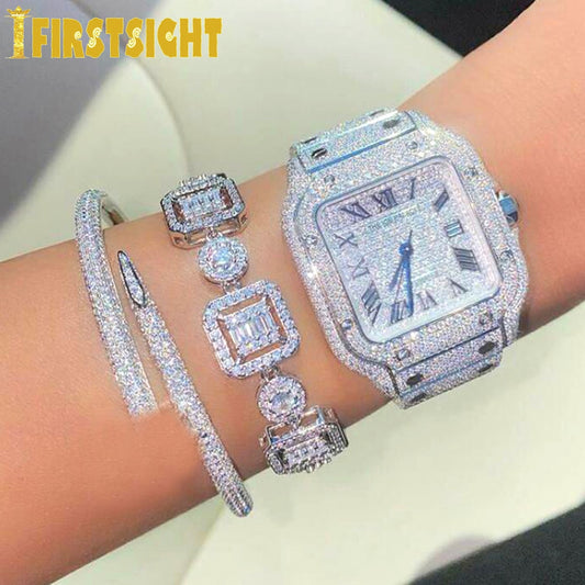 Gold Silver Color Iced Out Bling CZ Cluster Tennis Chain Bracelet For Women Fashion Sparking 5A Cubic Zirconia Wedding Jewelry