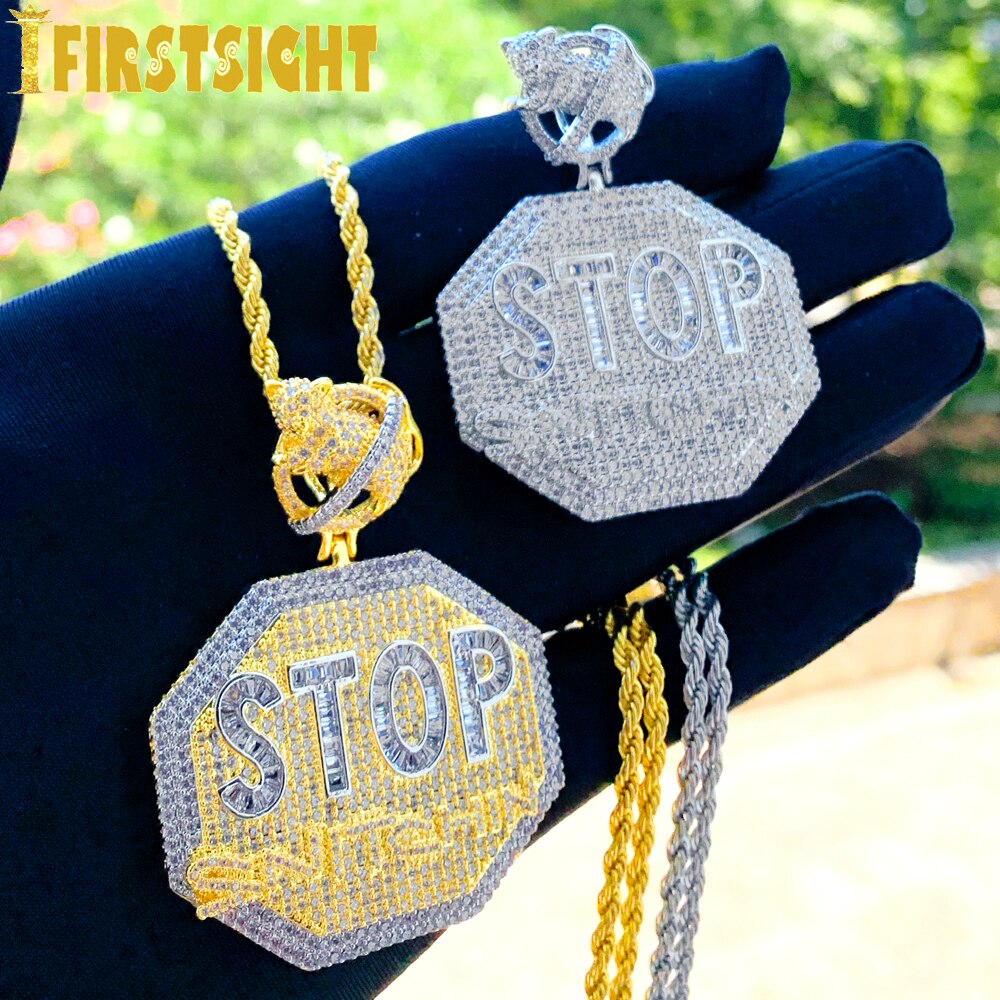 Bling Letters STOP Snitching Pendant Necklace 5A Zircon Baguette CZ Letter Octagon Charm Men&#39;s Women Hip Hop Jewelry