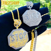 Load image into Gallery viewer, Bling Letters STOP Snitching Pendant Necklace 5A Zircon Baguette CZ Letter Octagon Charm Men&#39;s Women Hip Hop Jewelry
