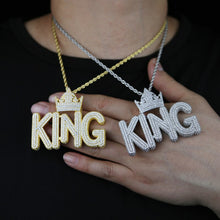 Load image into Gallery viewer, Bling Crown Badge CZ Letter King Pendant Necklace Cubic Zirconia Fist Power Charm Men Fashion Hip Hop Jewelry
