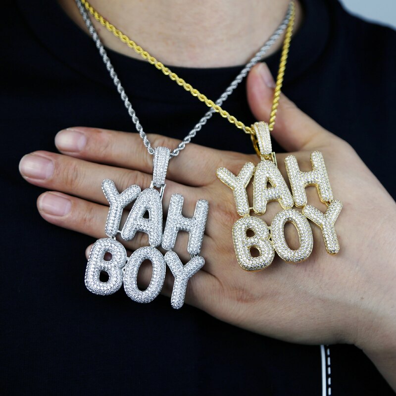 Bling Letters YAH BOY Pendant Necklace Gold Silver Color 5A Zircon Letter Charm Men&#39;s Hip Hop Rock Jewelry