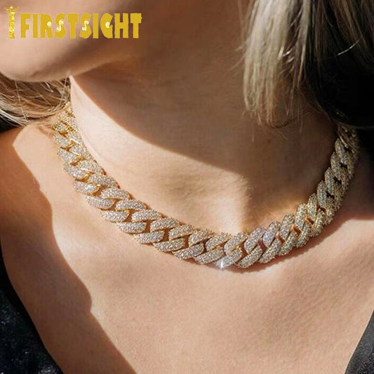 Iced Out Bling Hip Hop CZ Miami Cuban Chain Necklace 15mm Two Tone Color AAA Cubic Zirconia Necklaces Women Men Jewelry
