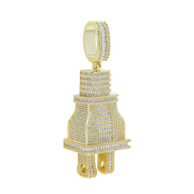 Bling Baguette CZ Plug Pendant Necklace Silver Color Full AAA Zircon Big Plug Charm Men's Women Hip Hop Jewelry