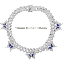 Load image into Gallery viewer, Bling Blue Enamel CZ Butterfly Pendant Necklace Miami Cuban Link Chain Butterflys Choker Hip hop Women Jewelry
