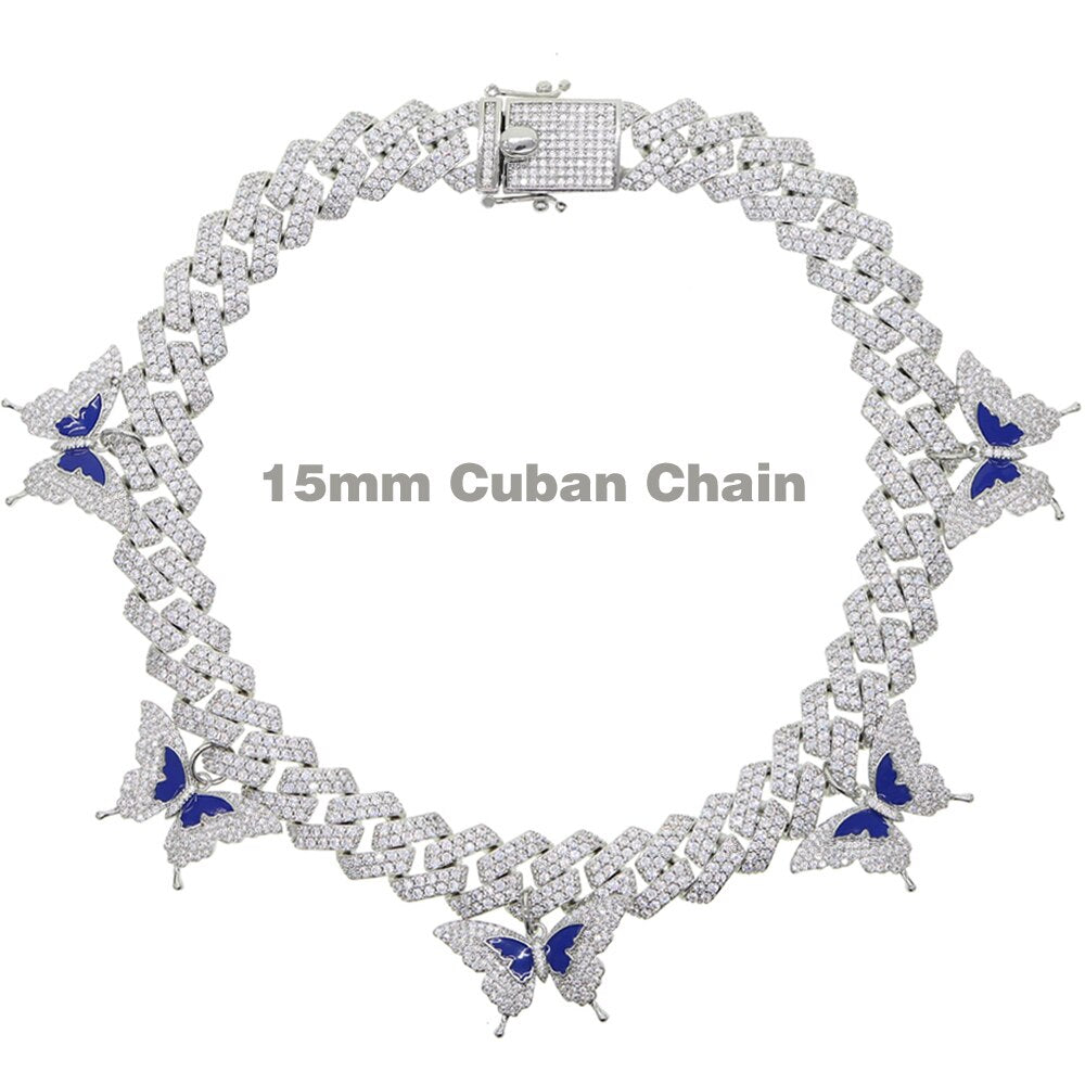 Bling Blue Enamel CZ Butterfly Pendant Necklace Miami Cuban Link Chain Butterflys Choker Hip hop Women Jewelry