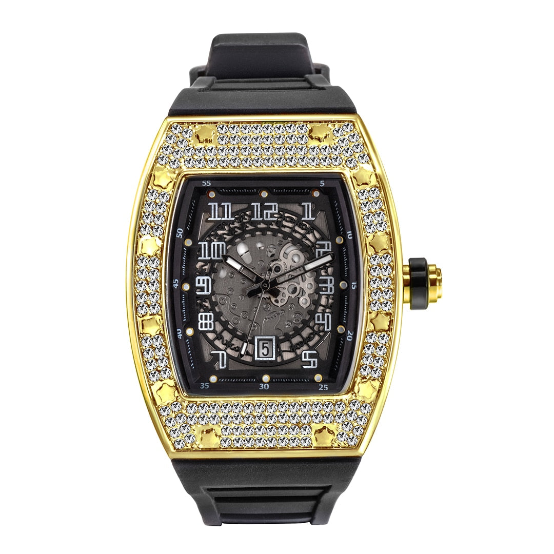 MISSFOX Men&#39;s Iced Out Watch Big Case With Diamond Silicone Strap Watches For Men Sport Waterproof Calendar Large Clock New In