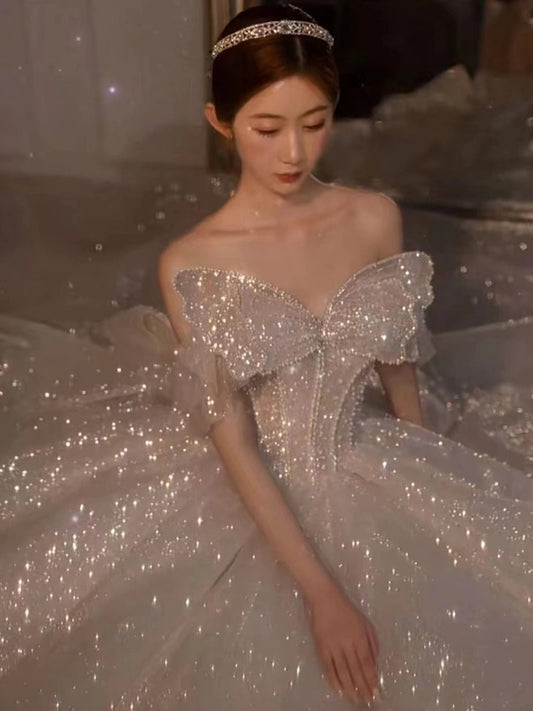 Strapless Wedding Dress Off The Shoulder With Bow Glittery Lace