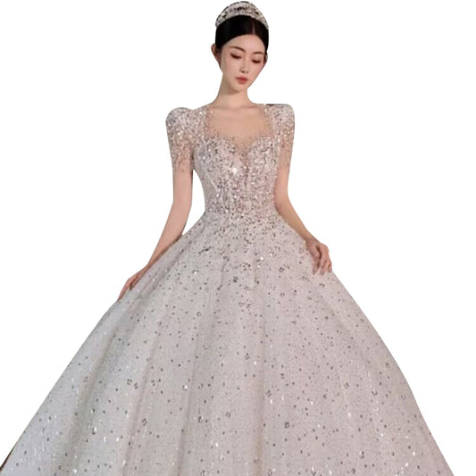 Bridal Dress Sequin Embellishment O Neck Floor-length Back Strap Sweep Train