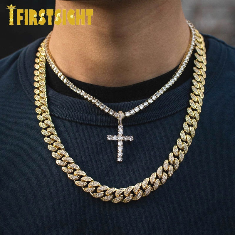 New 12mm Miami Cuban Chain Necklace Gold Silver Color  Bling Cz Cubic Zirconia Paved Women Men Hiphop Cuban Jewelry
