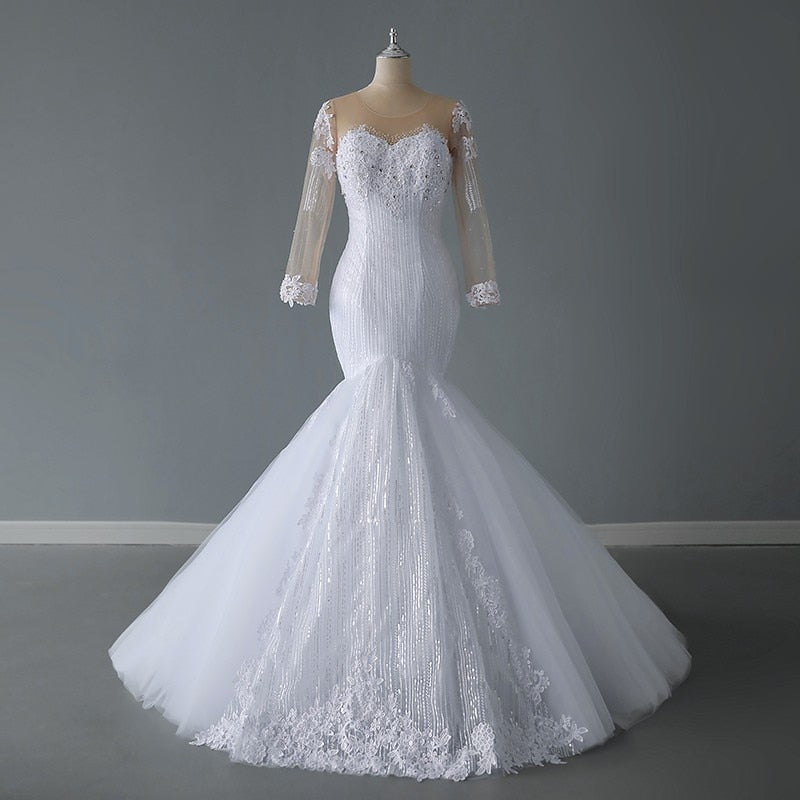 Long Sleeve Mermaid Wedding Dress With Small Train Elegant O Neck