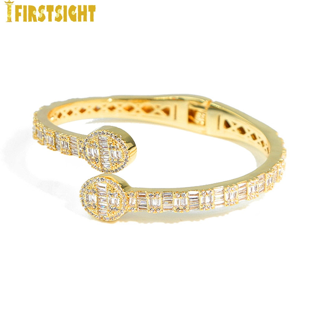 New Iced Out Bling Baguette CZ Oval Charm Bracelet Gold Plated 5A Zircon Opened Bangle For Men Women Hiphop Luxury Jewelry