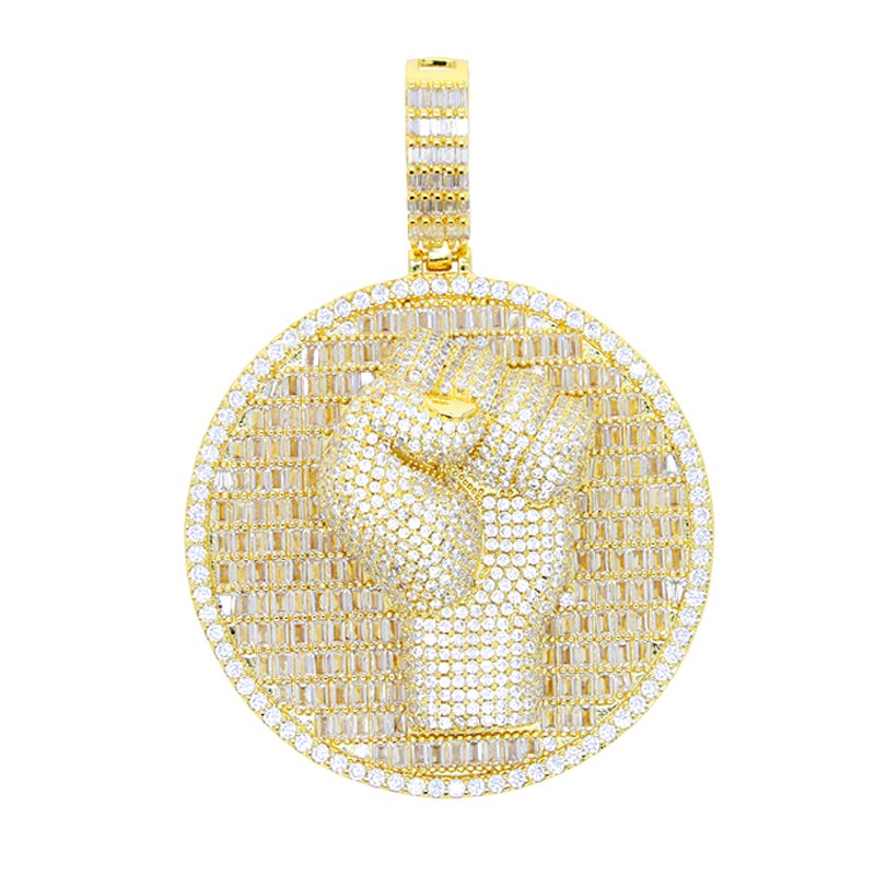 2022 New Hip Hop Round Fist Pendant Necklace Bling Gold Plated Baguette CZ Zircon Power Stereoscopic Charm Men Jewelry