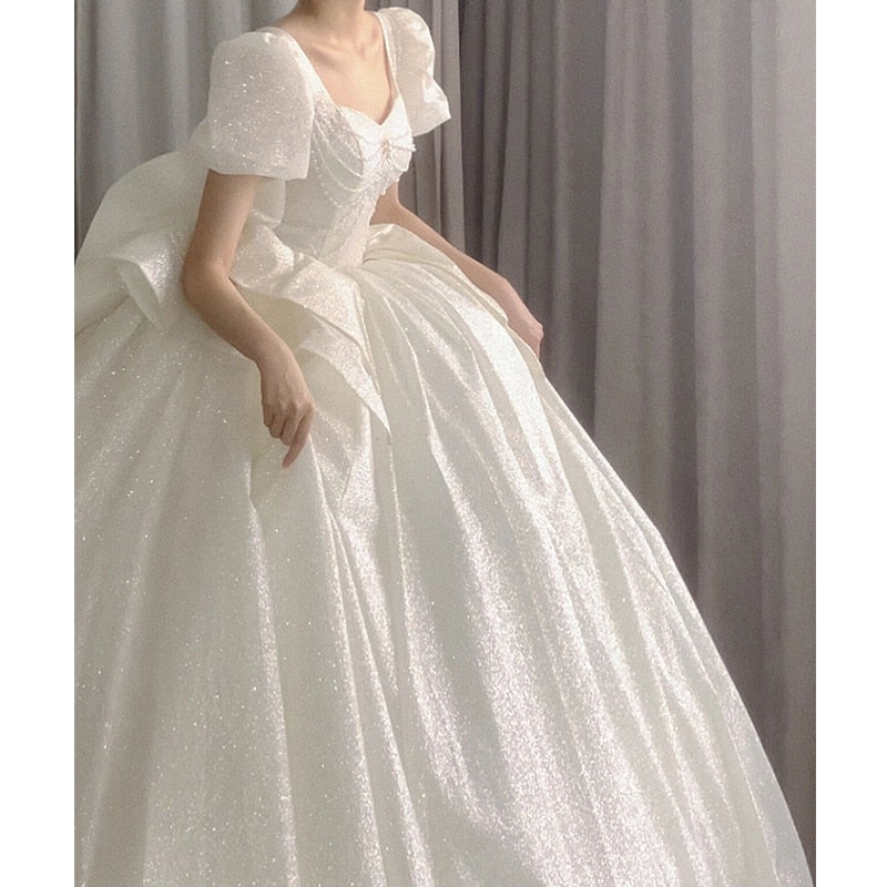 Sweetheart Beading Pearls Puff Sleeve Big Butterfly Back Lace Up Wedding Gowns