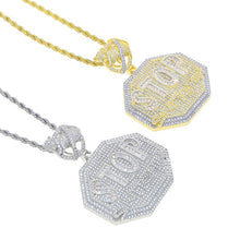 Load image into Gallery viewer, Bling Letters STOP Snitching Pendant Necklace 5A Zircon Baguette CZ Letter Octagon Charm Men&#39;s Women Hip Hop Jewelry
