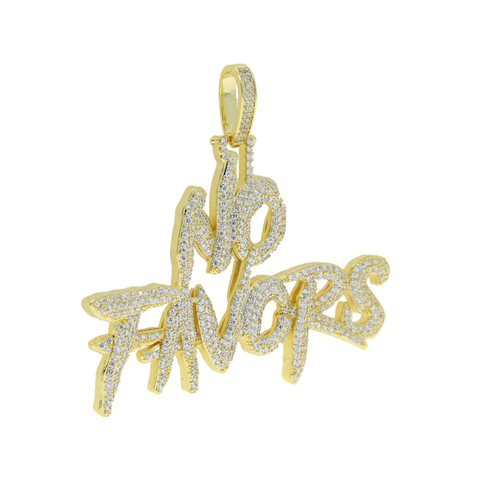 Bling Cursive Letters No Favors Pendant Necklace Gold Silver Color 5A Zircon Letters Necklaces Men's Hip Hop Jewelry