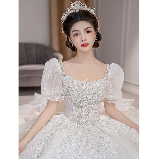 Short Puff Sleeve Bridal Embroidered Organza And Tulle Sweetheart Heart Lace Wedding Gowns