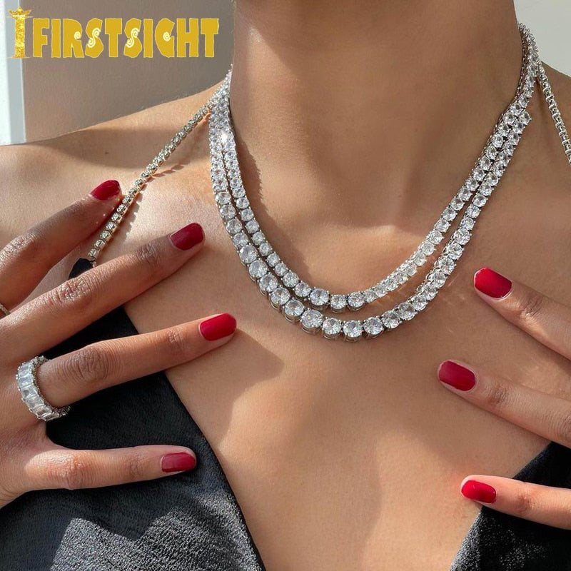 Bling AAA Zircon Double Tennis Chain Necklace Silver Color Two Lines CZ Charm Choker Women Men Hip Hop Fashio Jewelry