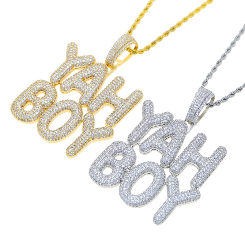 Bling Letters YAH BOY Pendant Necklace Gold Silver Color 5A Zircon Letter Charm Men&#39;s Hip Hop Rock Jewelry