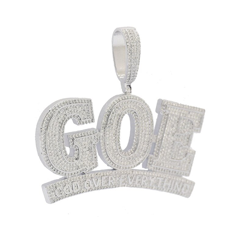 Bling CZ Letter God Over Everything Pendant Necklace Cubic Zirconia Big Letters GOE Charm Men Women Hip Hop Jewelry