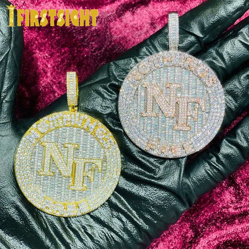 Bling CZ Letter NF Pendant Necklace Cubic Zirconia Round Nothing&#39;s Free Badge Charm Men Women Hip Hop Jewelry
