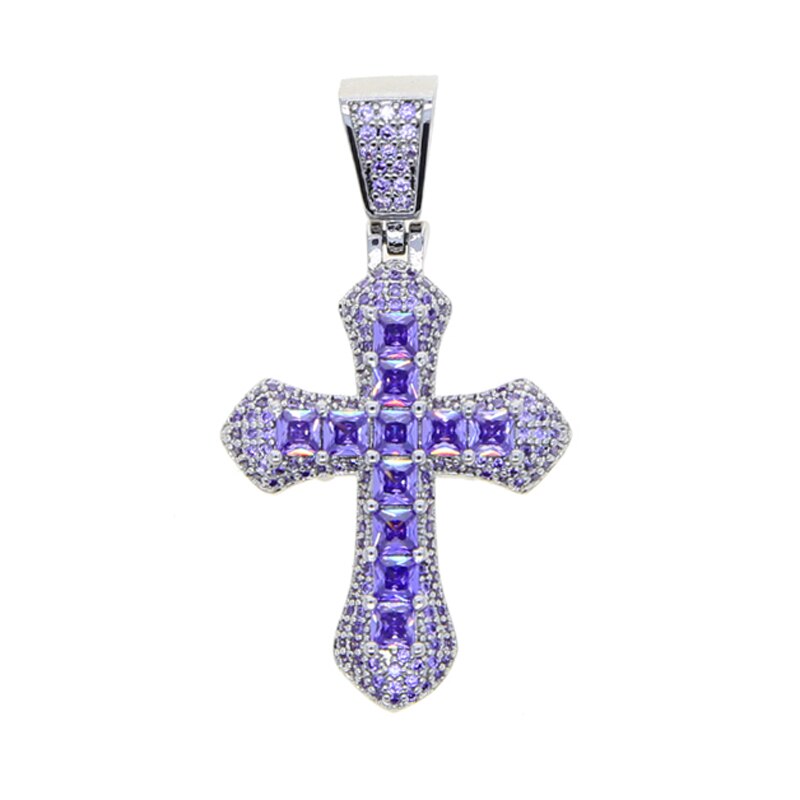 Bling Cross Pendant Necklace Silver Plated Baguette CZ Cubic Zirconia Blue Pink Charm Choker Hip Hop Men Jewelry