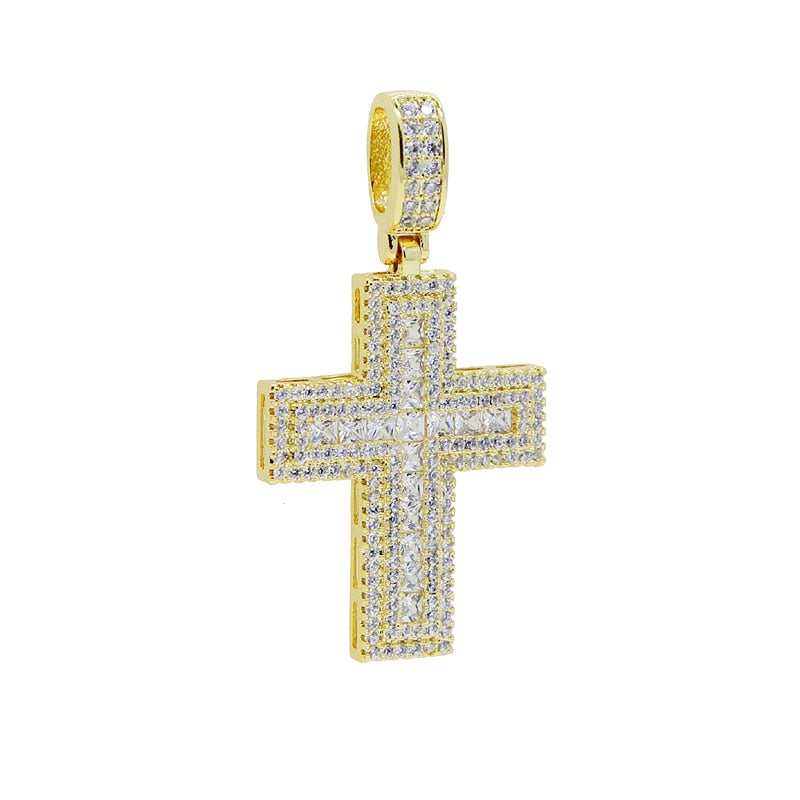 New Iced Out Bling Baguette CZ Cross Pendant Necklace Gold Silver Color Cross Charm Hip Hop Religious Fashion Mens Women Jewelry