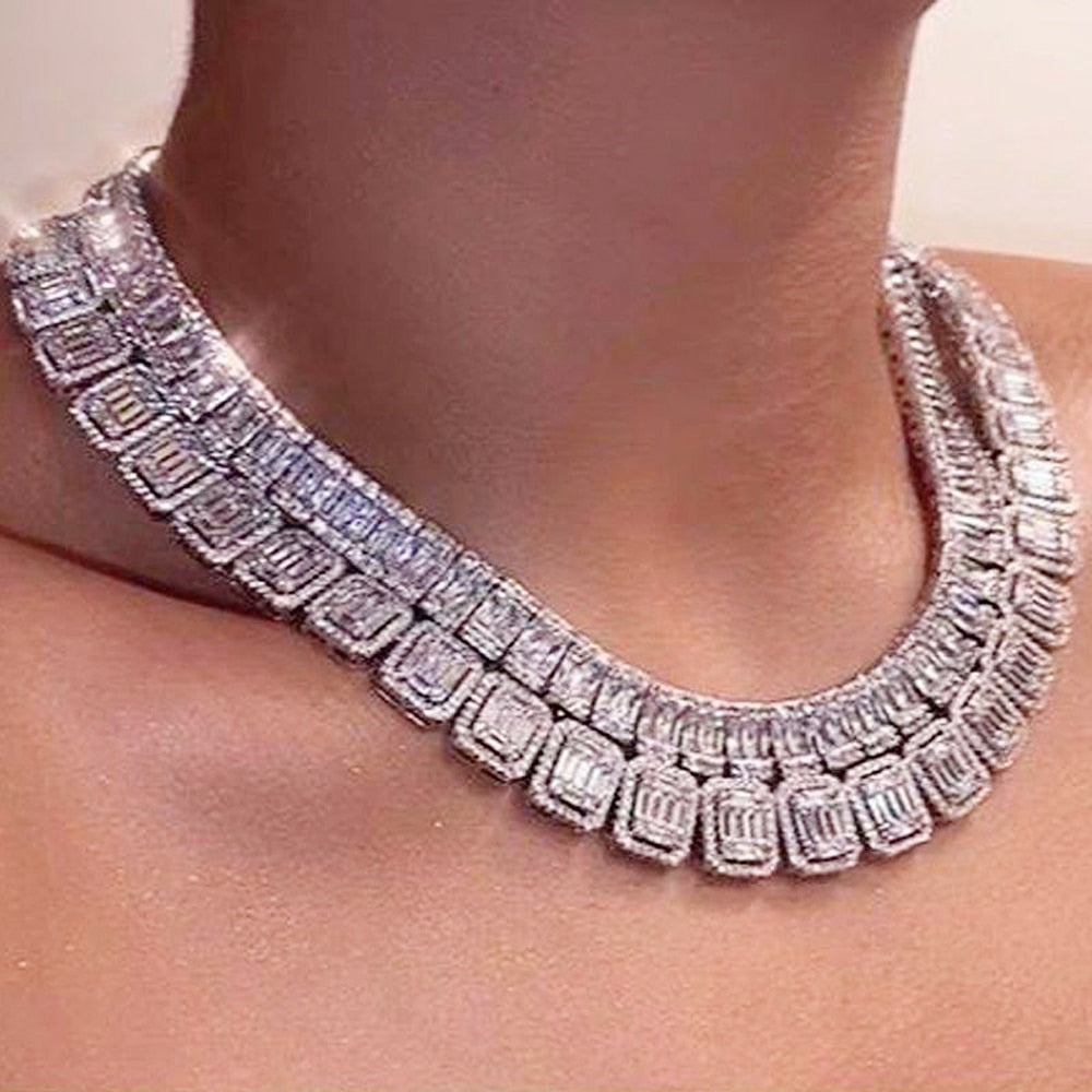 New 11mm Personality Baguette CZ Necklace Miami Cuban Chain Iced Out Cubic Zirconia Bling Tennis Choker Hip Hop Women Jewelry