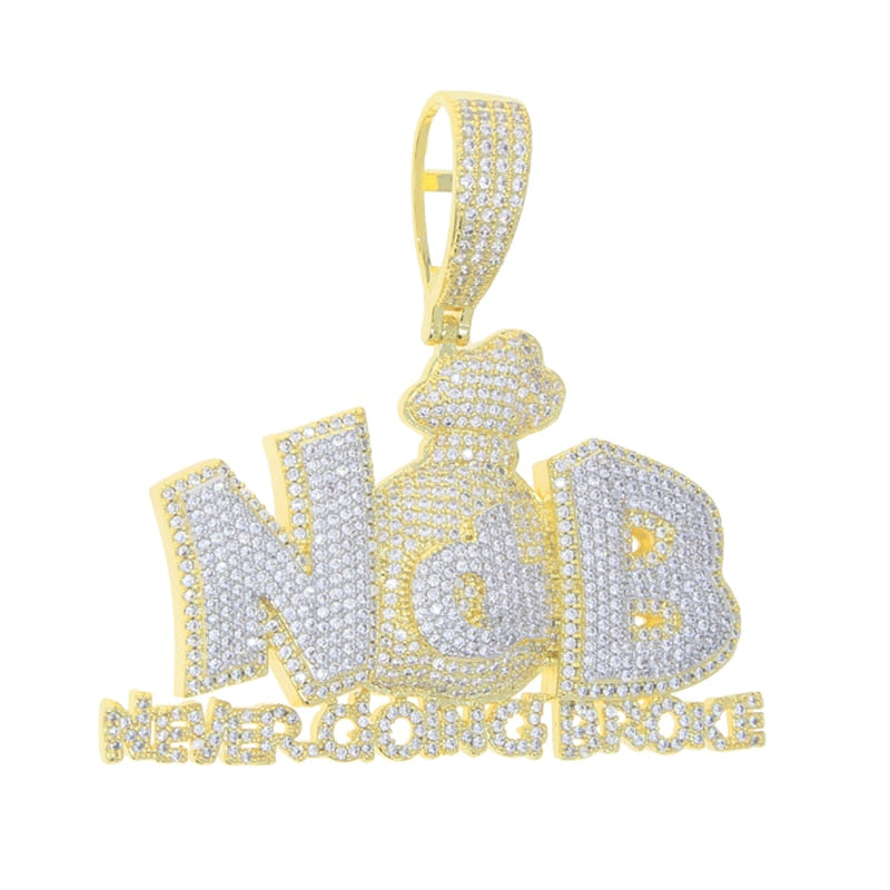 Bling Hip Hop NDB Money Bag Pendant Necklace CZ Cubic Zirconia Letter Never Doing Broke Charm Men Women Fashion Jewelry