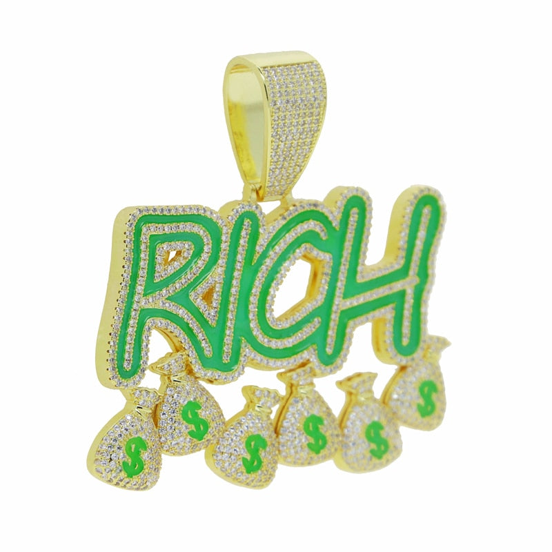 New Iced Out Bling CZ Letter Rich Pendant Necklace Zircon Dollar Sign Fluorescenc Money Bag Charm Necklaces Men Hip Hop Jewelry