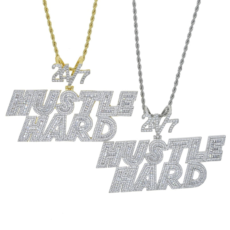 Bling CZ Letter Hustle Hard Pendant Necklace Cubic Zirconia Hustle Charm Men Fashion Hip Hop Jewelry