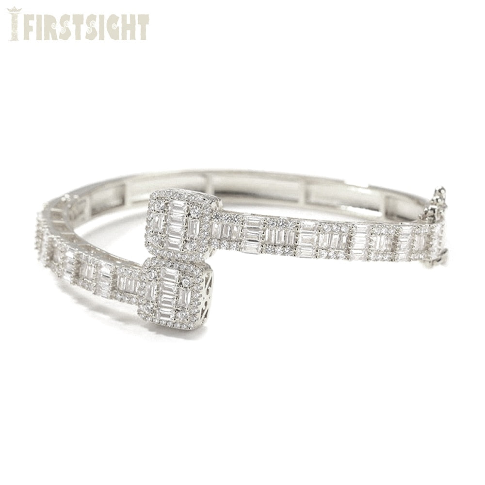 New Iced Out Bling Baguette AAA CZ Opened Heart Bracelet Silver Color Square Zircon Charm Bangle For Men Women Hiphop Jewelry