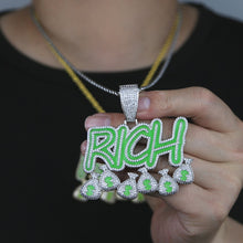 Load image into Gallery viewer, New Iced Out Bling CZ Letter Rich Pendant Necklace Zircon Dollar Sign Fluorescenc Money Bag Charm Necklaces Men Hip Hop Jewelry
