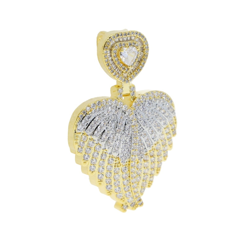 Bling Zircon Angel Wings Pendant Necklace Tow Tone Color CZ Heart Wing Charm Necklaces Men Women Hip Hop Jewelry