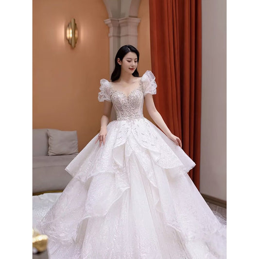Embroidery Beaded Bubble Sleeveless Princess Wedding Gown