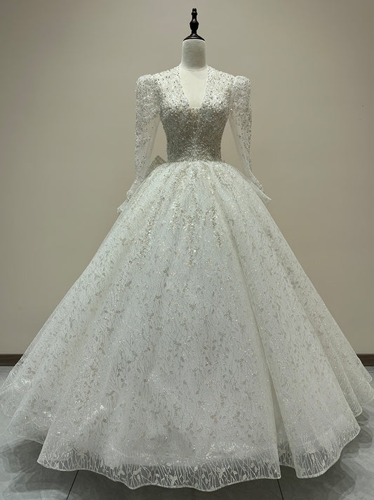 Long Sleeve Wedding Dress Sexy Deep V-neck Lace Applique Bridal Dress With A Bow