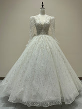 Load image into Gallery viewer, Long Sleeve Wedding Dress Sexy Deep V-neck Lace Applique Bridal Dress With A Bow
