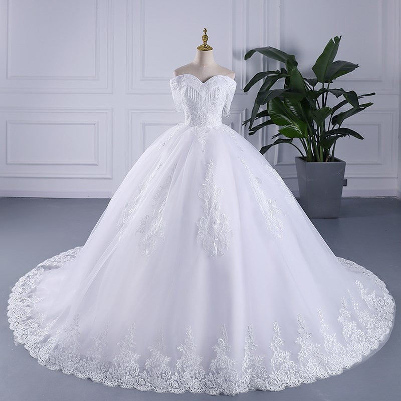 Sleeveless Lace Off The Shoulder Sweep Brush Train Lace Up Ball Gown