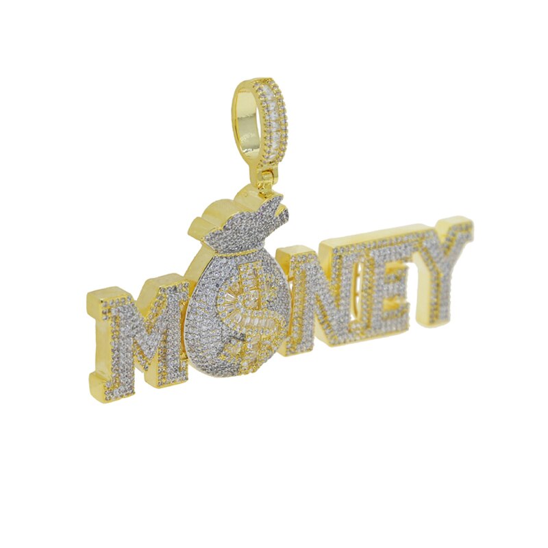 Letters Money Pendant Necklace Silver Color 5A Zircon Money Bag Dollar Sign Necklaces Men's Women Hip Hop Jewelry