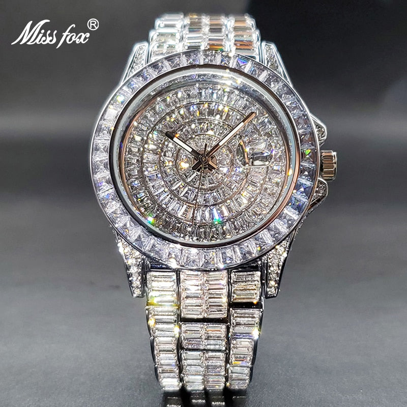 Men Watch With 322 Pcs Baguette Full Ice Diamond Calendar Quartz Watches Man Special Expensive Waterproof Timepiece Dropshipping