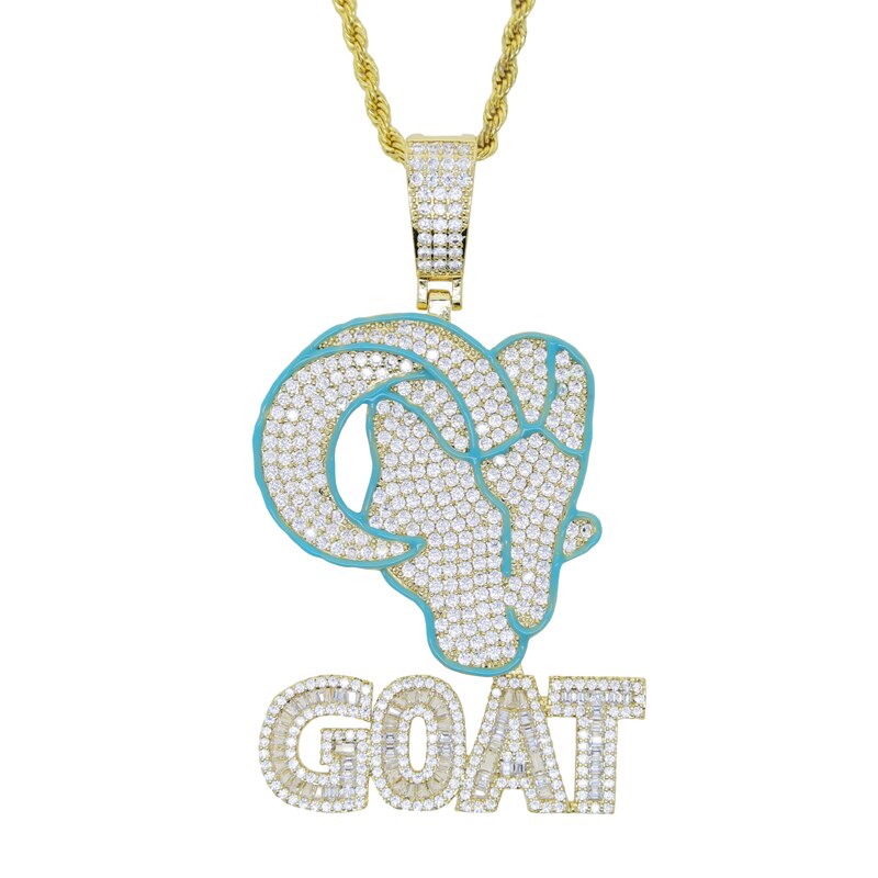 Bling CZ Letter Goat Pendant Necklace 5A Cubic Zirconia Blue Ename Head Animal Charm Men Women Hip Hop Jewelry