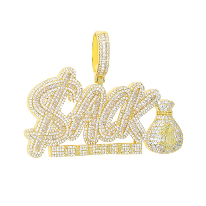 New Hip Hop Letters ACK CHASERS Pendant Necklace Bling Baguette CZ Cubic Zirconia Money Bag Charm Men Women Jewelry