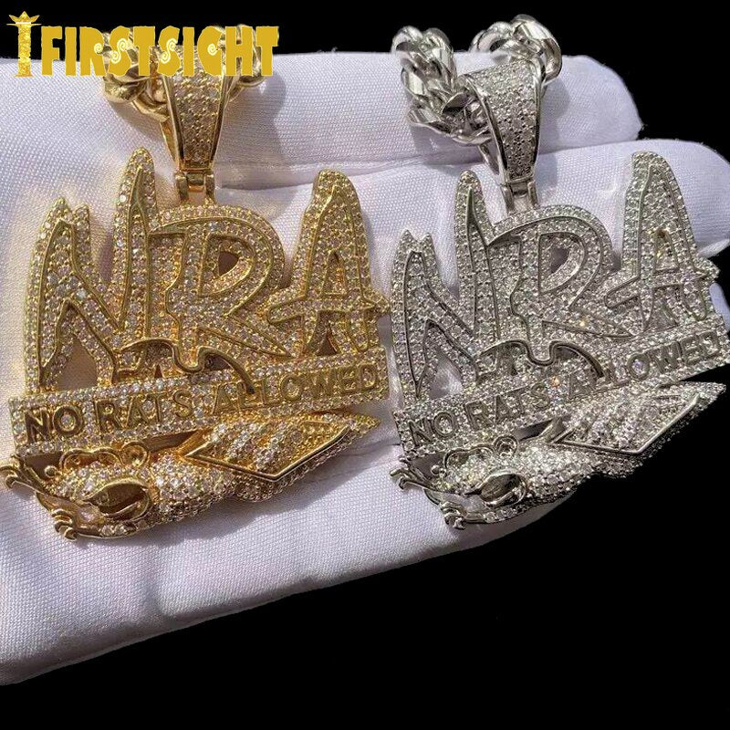 Bling Cubic Zirconia Letter NO RATS ALLOWED A Pendants Necklaces Two Tone Color NRA Charm For Men Women Hip Hop Jewelry