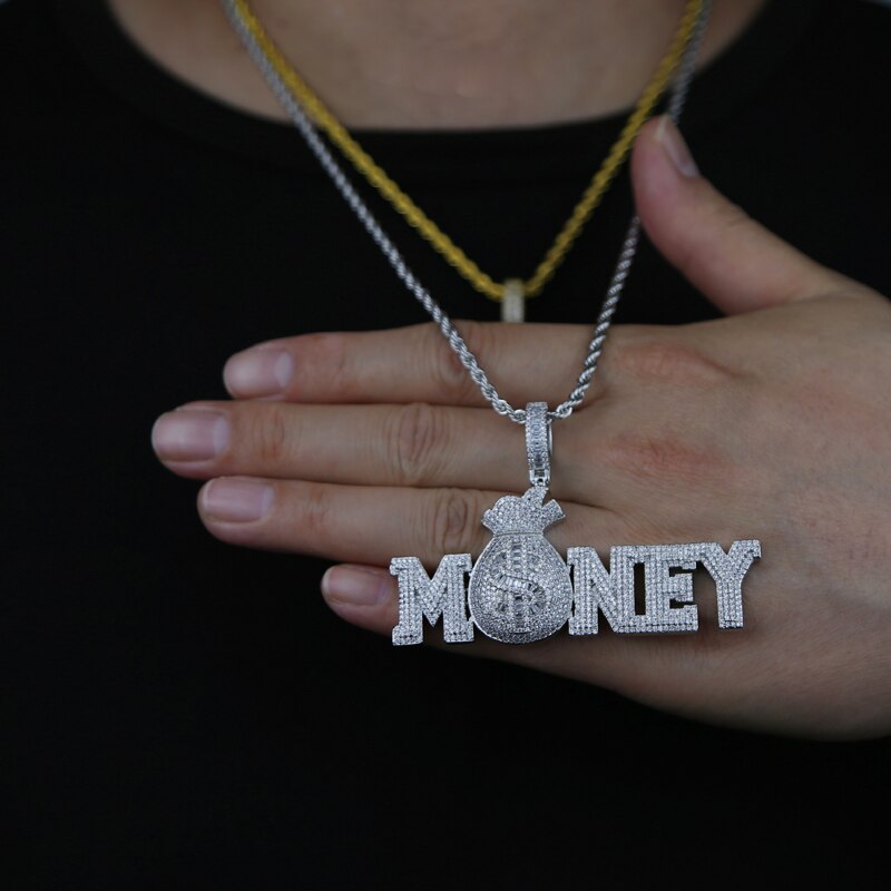 Letters Money Pendant Necklace Silver Color 5A Zircon Money Bag Dollar Sign Necklaces Men&#39;s Women Hip Hop Jewelry