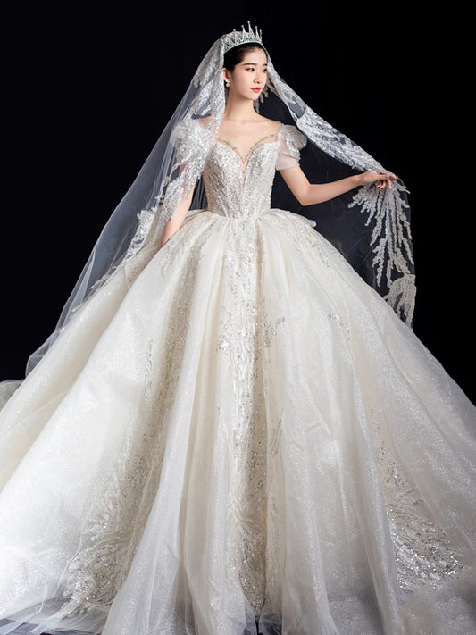 Luxury Off The Shoulder Lace Up Bridal Ball Gown