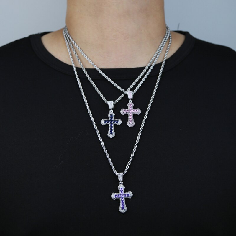 Bling Cross Pendant Necklace Silver Plated Baguette CZ Cubic Zirconia Blue Pink Charm Choker Hip Hop Men Jewelry